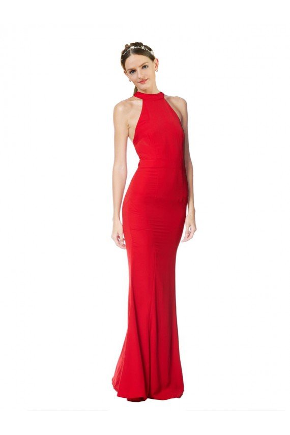 Halter Neck Keyhole Back Sleeveless Crepe Maxi Prom Dress UK