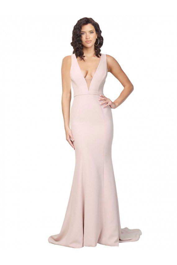Deep Plunging V-Neckline Full Length Crepe Prom Dress with Deep V-Backline UK