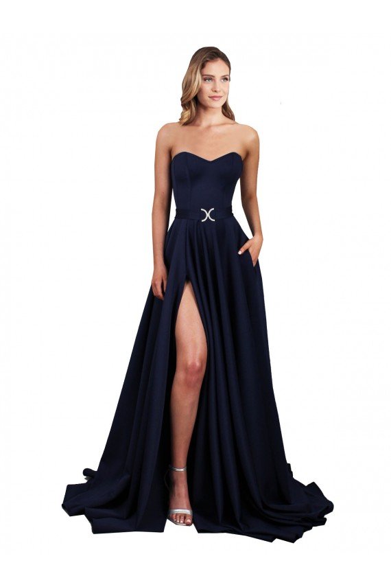 Sweetheart Neckline Low Back Long Crepe Prom Dress with High Leg Spit & Pockets UK