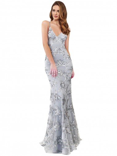Silver V-Neckline Backless Floral Patterned Sequin Prom Dress UK