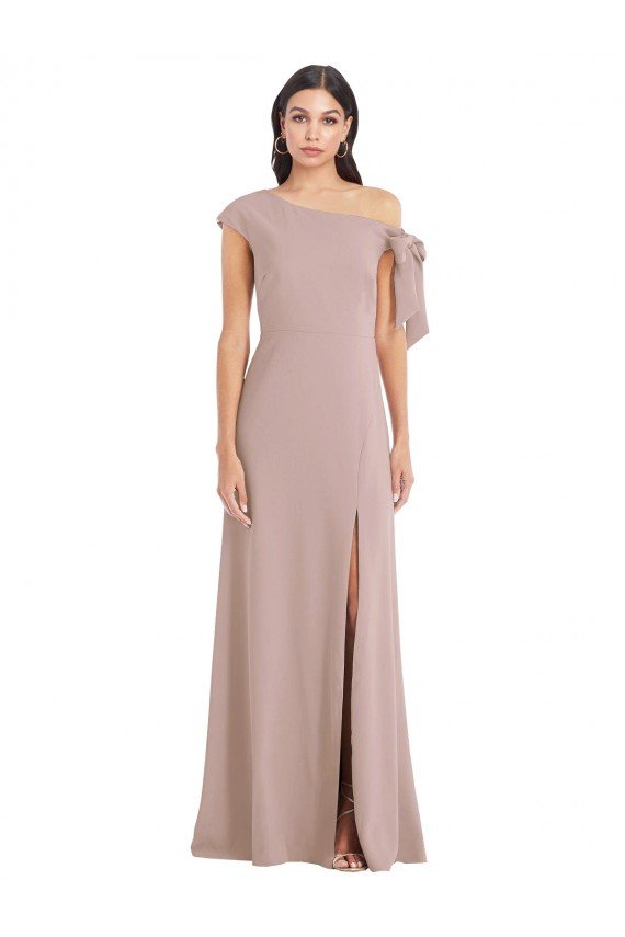 Off the Shoulder Tie Detail Maxi Crepe Prom Dress with Front Slit UK