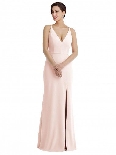 Skinny Strap Deep V-Neck Trumpet Crepe Prom Dress with Front Slit UK