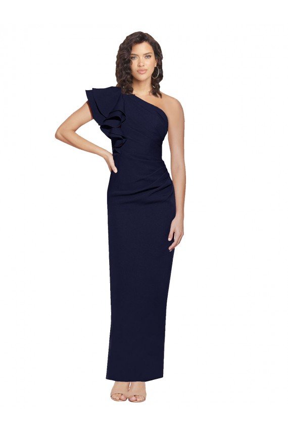 Ruched Floor Length Long Crepe Prom Dress with Shoulder Ruffles UK