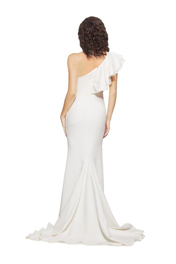 Ruched Long Sweep Train Crepe Prom Dress with Shoulder Ruffles UK