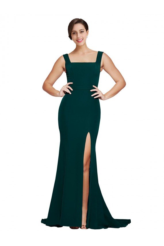 Fitted Square Neck Long Crepe Prom Dress with Train and Side Split UK