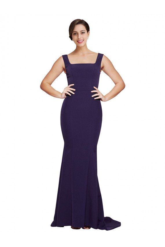 Square Neck Long Sweep Train Crepe Prom Dress with Thick Straps UK