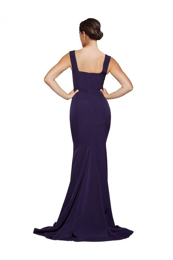 Square Neck Long Sweep Train Crepe Prom Dress with Thick Straps UK