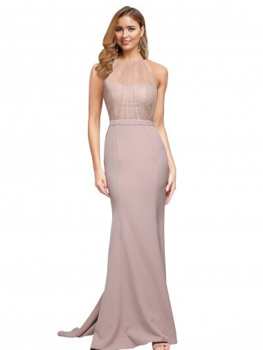 Long Sweetheart Crepe Prom Dress with High Neck Illusion Tulle Details UK