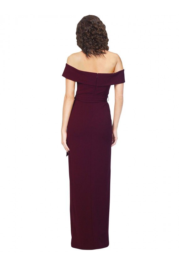 Fitted Full Length Off the Shoulder Crepe Prom Dress with Side Split and Waist Tie UK