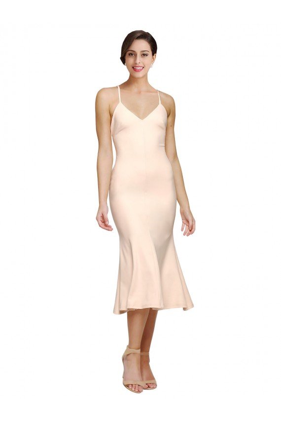 Midi Length V-Neckline Crepe Cocktail Prom Dress / Homecoming Dress with Thin Straps and Fulted Skirt UK