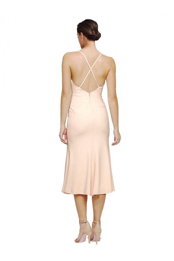 Midi Length V-Neckline Crepe Cocktail Prom Dress / Homecoming Dress with Thin Straps and Fulted Skirt UK