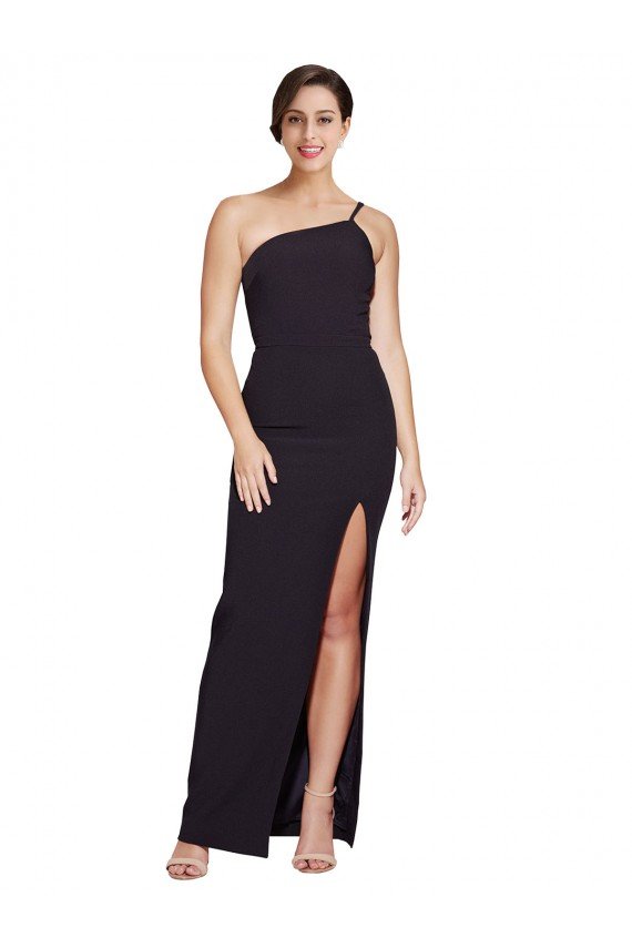 Long Floor Length Crepe Prom Dress with Side Split and One Strap UK