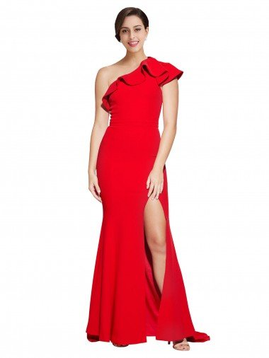 One Shoulder Long Sweep Train Crepe Prom Dress with Thigh High Split UK