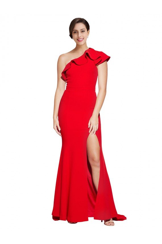 One Shoulder Long Sweep Train Crepe Prom Dress with Thigh High Split UK