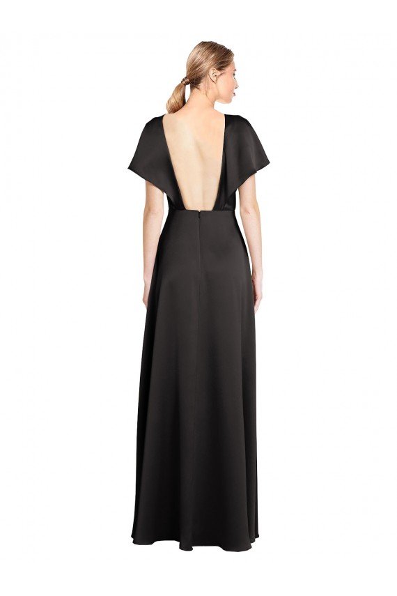 Cap Sleeves Open Back Long Stretch Satin Prom Dress UK