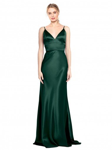 High V-Neck Long Full Length Sheath Stretch Satin Prom Dress UK
