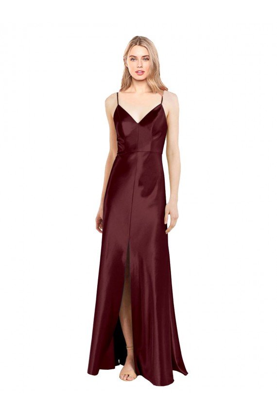 Sleek Spaghetti Straps V-Neck Stretch Satin Prom Dress with Center Front Slit UK