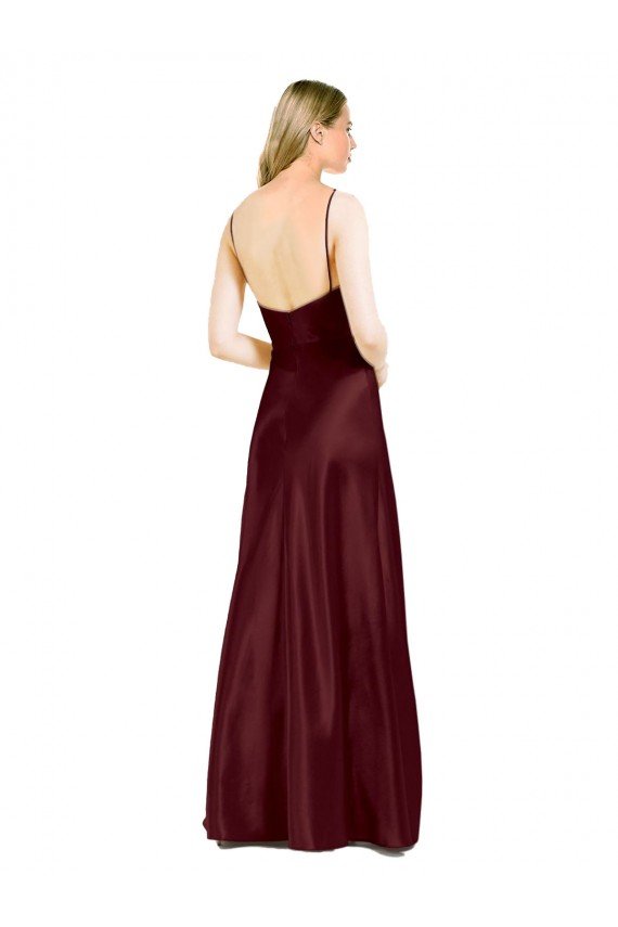 Sleek Spaghetti Straps V-Neck Stretch Satin Prom Dress with Center Front Slit UK