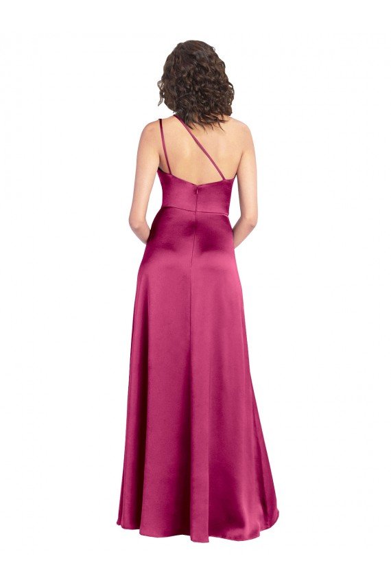 Sleek One Shoulder A-Line Long Stretch Satin Prom Dress with Spaghetti Straps Back UK