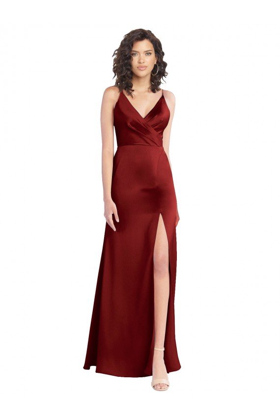 Faux Surplice Neckline Long Slim A-Line Stretch Satin Prom Dress UK