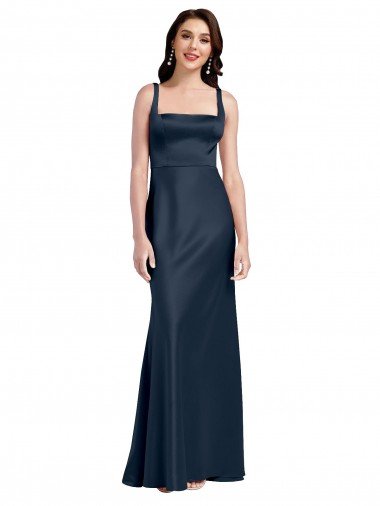 Square Neck A-Line Long Stretch Satin Prom Dress with Wide Straps UK