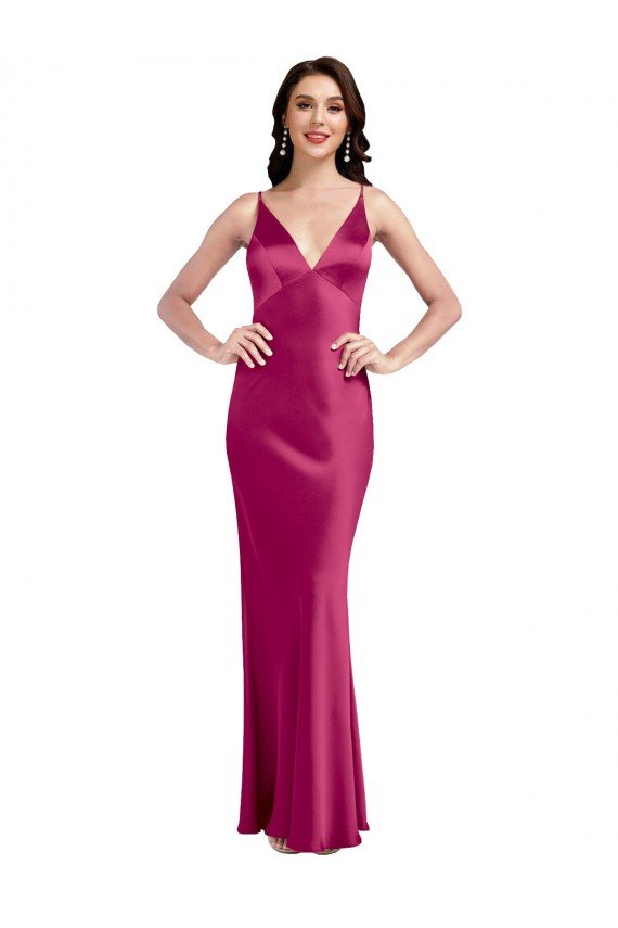 V-Neck Spaghetti Straps Slim Stretch Satin Prom Dress with Low Scoop Back UK