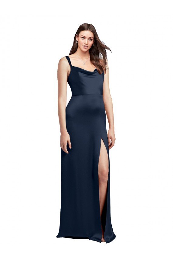 Cowl Neck Soft Long Stretch Satin Prom Dress with Side Slit and Pleated Straps UK