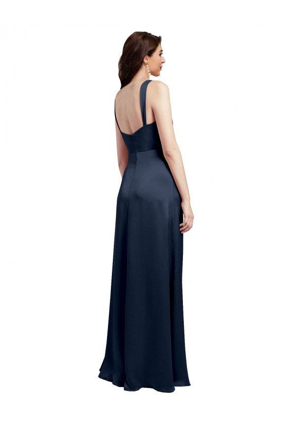 Cowl Neck Soft Long Stretch Satin Prom Dress with Side Slit and Pleated Straps UK