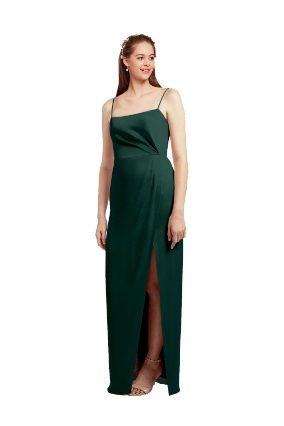 Sleek Straight Neckline Long Wrap Stretch Satin Prom Dress with Angled Pleats UK