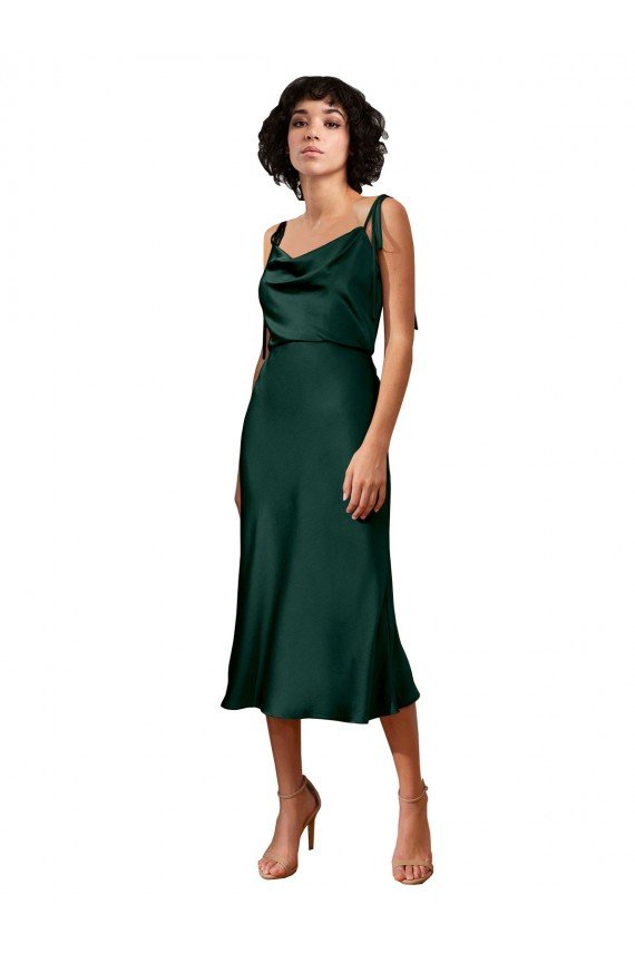 Spaghetti Straps Tie Shoulders Cowl Neck Short Midi Length Stretch Satin Cocktail Prom Dress / Homecoming Dress UK