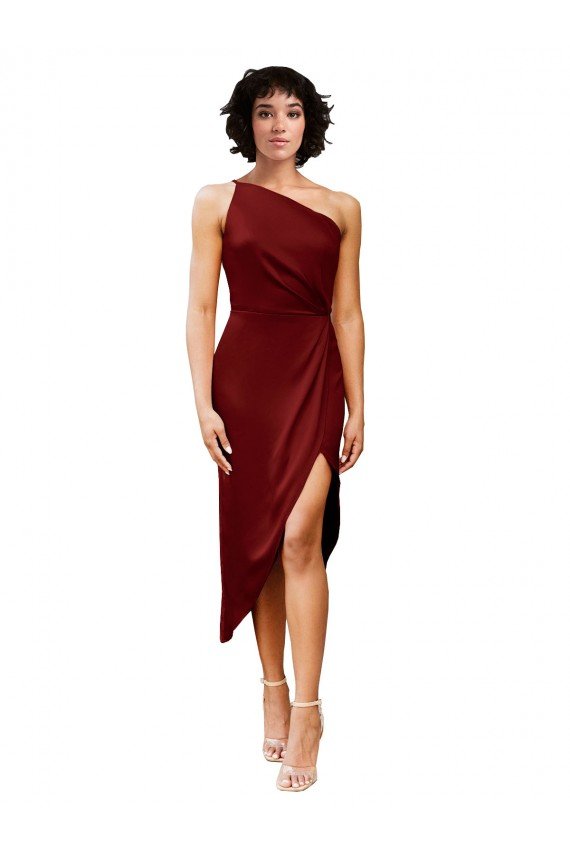 One Shoulder Midi Length Short Stretch Satin Wrap Style Cocktail Prom Dress / Homecoming Dress UK