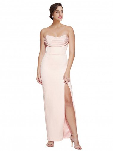 Cowl Neck Strapless Stretch Satin Prom Dress with High Split UK