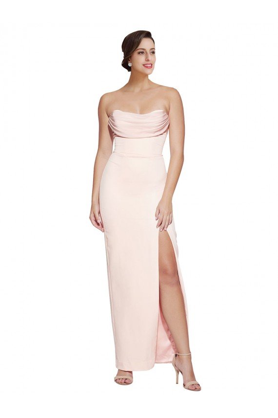 Cowl Neck Strapless Stretch Satin Prom Dress with High Split UK