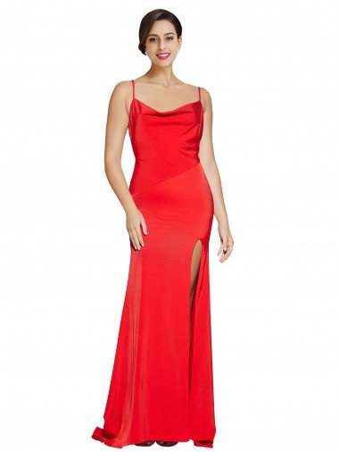 Low Back Cowl Neck Stretch Satin Prom Dress with High Side Slit UK