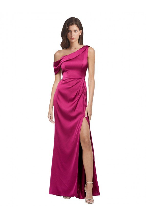 Off the Shoulder Short Sleeves Stretch Satin Prom Dress with Side Slit UK