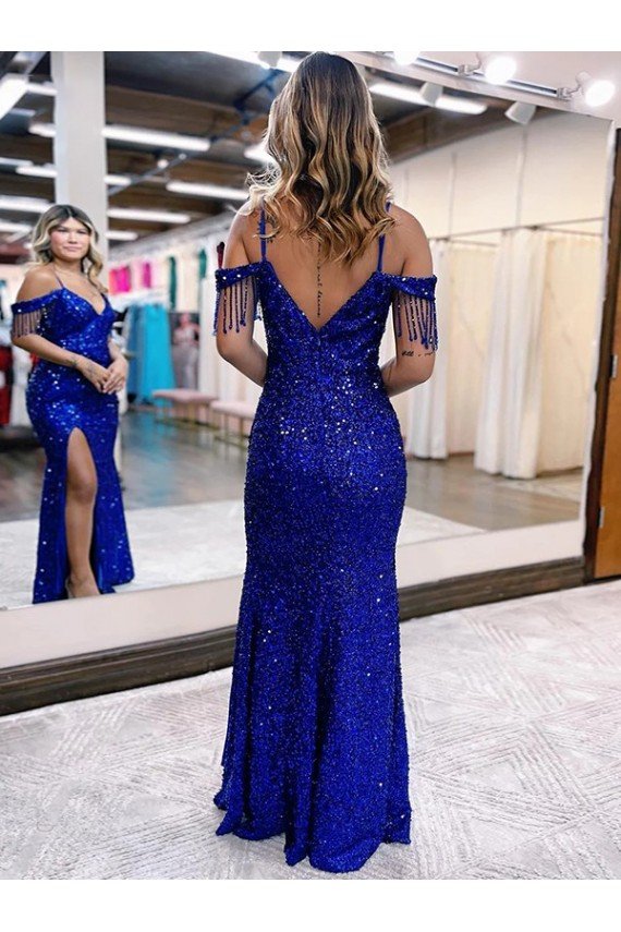 Cold Shoulder Sleeveless Long Floor Length Velvet Sequin Prom Dress with Slit UK