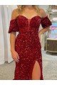 Off the Shoulder Short Sleeves Long Floor Length Velvet Sequin Prom Dress with High Slit UK