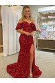 Off the Shoulder Short Sleeves Long Floor Length Velvet Sequin Prom Dress with High Slit UK