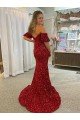 Off the Shoulder Short Sleeves Long Floor Length Velvet Sequin Prom Dress with High Slit UK