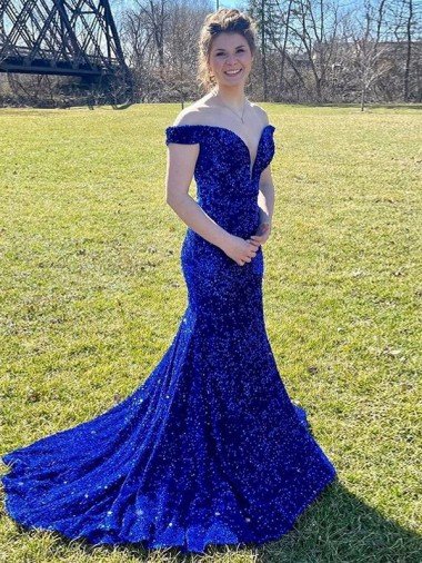 Off the Shoulder Sleeveless Long Sweep Train Velvet Sequin Prom Dress UK