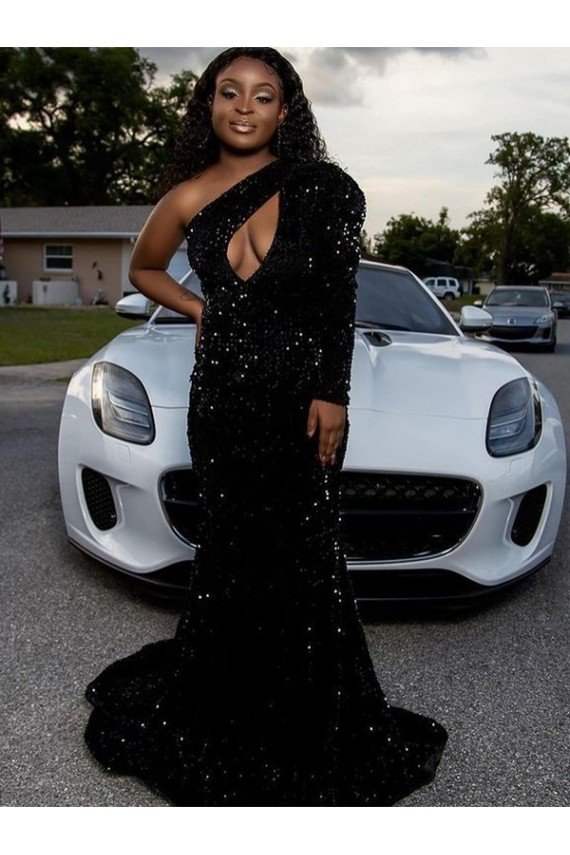 One Shoulder Long Sleeves Long Sweep Train Velvet Sequin Prom Dress UK