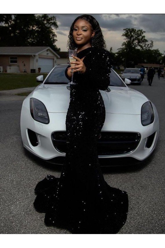 One Shoulder Long Sleeves Long Sweep Train Velvet Sequin Prom Dress UK