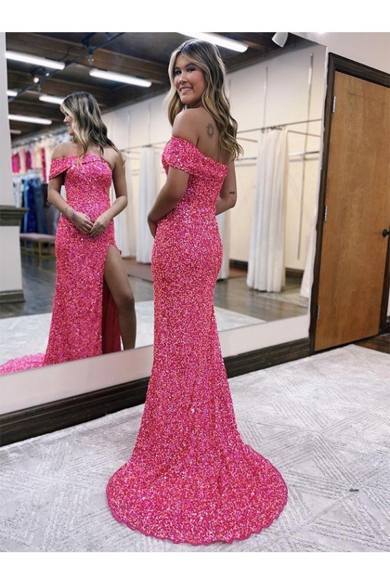 One Shoulder Sleeveless Long Sweep Train Velvet Sequin Prom Dress with Side Slit UK