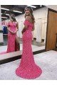 One Shoulder Sleeveless Long Sweep Train Velvet Sequin Prom Dress with Side Slit UK