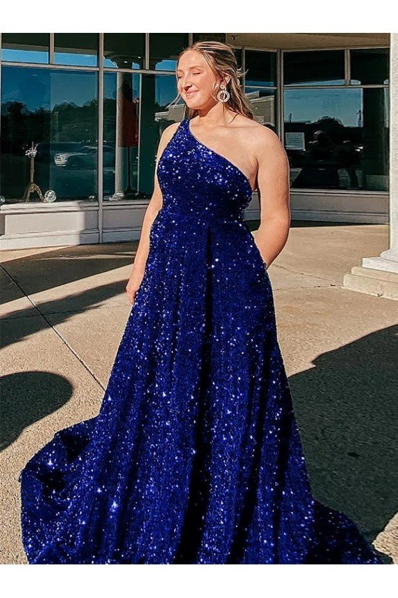 A-Line One Shoulder Sleeveless Long Sweep Train Velvet Sequin Prom Dress with Pockets UK