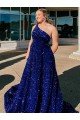 A-Line One Shoulder Sleeveless Long Sweep Train Velvet Sequin Prom Dress with Pockets UK