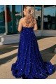 A-Line One Shoulder Sleeveless Long Sweep Train Velvet Sequin Prom Dress with Pockets UK