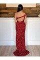One Shoulder Sleeveless Long Sweep Train Velvet Sequin Prom Dress UK
