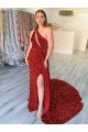 One Shoulder Sleeveless Long Court Train Velvet Sequin Prom Dress with Slit UK