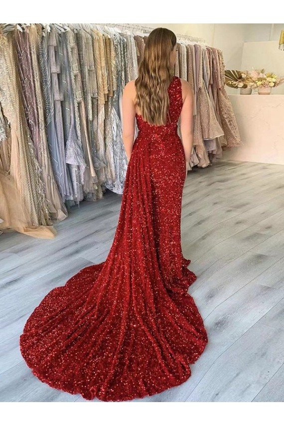 One Shoulder Sleeveless Long Court Train Velvet Sequin Prom Dress with Slit UK